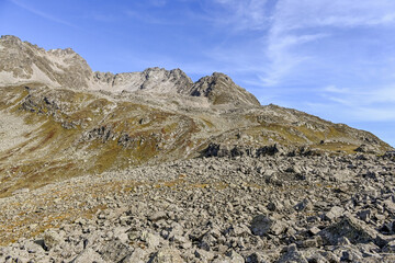 Flüela, Flüelapass, Alpen, Passhöhe, Passstrasse, Bergstrasse, Steinschlag, Felsen, Wanderweg,...
