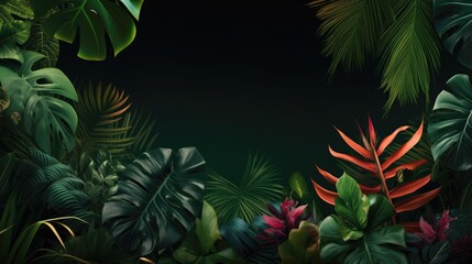 Abstract commercial background for advertisement with green leaves of tropical plants with copy space