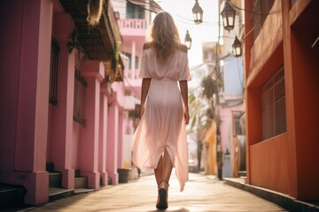 Boho girl walking on the colorful city street. Stylish woman on a street of Cuba. Young cheerful woman walking in streets of old town.