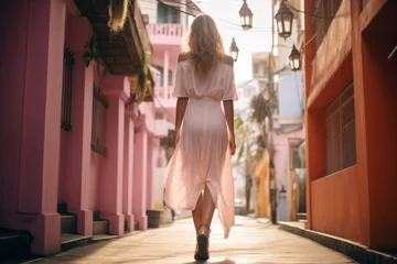 Fototapeten Boho girl walking on the colorful city street. Stylish woman on a street of Cuba. Young cheerful woman walking in streets of old town. © radekcho