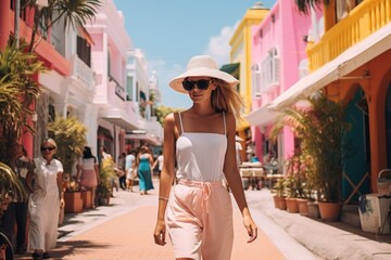 Boho girl walking on the colorful city street. Stylish woman on a street of Cuba. Young cheerful woman walking in streets of old town.