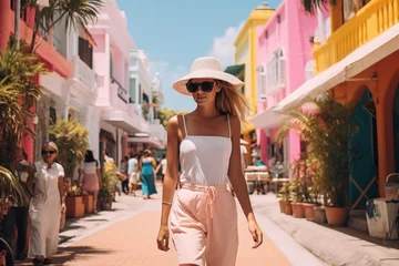 Rolgordijnen Boho girl walking on the colorful city street. Stylish woman on a street of Cuba. Young cheerful woman walking in streets of old town. © radekcho
