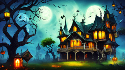 Fototapeta na wymiar Halloween background with creepy pumpkins of spooky Halloween haunted mansion night with full moon Ai generated