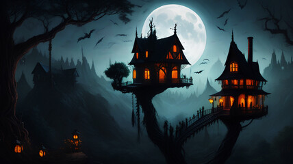 Halloween background with creepy pumpkins of spooky Halloween haunted mansion night with full moon Ai generated