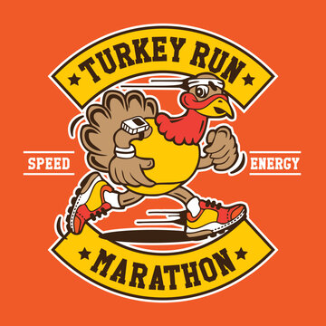 Turkey Run Hand Drawing Vector Illustration Marathon Patch Emblem Badge Vector Design
