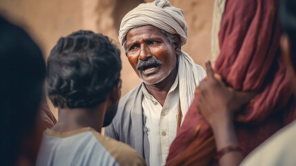 Engaging close-up of a village chief engaging in animated conversation with villagers, focus on expressive eyes and mouth.