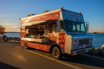 Food truck parked near a scenic waterfront, serving fresh seafood dishes, Generative AI