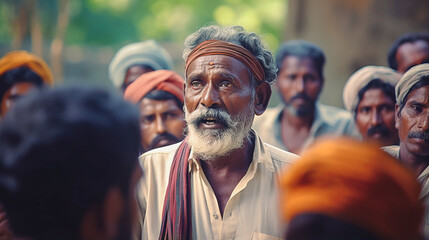 Emotive close-up of expressive village chief communicating openly with locals. - obrazy, fototapety, plakaty
