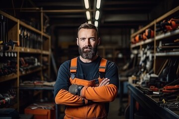 A handsome young maintenance worker with a beard stands and smiles looking at the camera. Behind it is where his work tools are stored