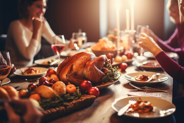 close up photo of a family celebrating thanksgiving with turkey on the table