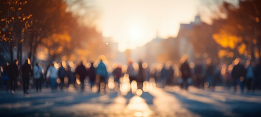 Crowd people at sunset street. Generative AI technology. - obrazy, fototapety, plakaty