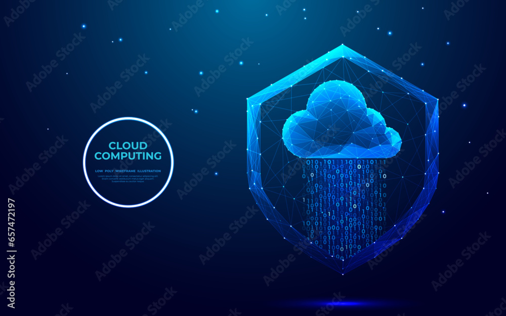 Poster Abstract security shield and glowing blue cloud with binary code in low poly wireframe style. Database security concept on technology background. Futuristic polygonal hologram vector illustration.