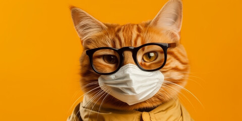 Closeup portrait of ginger cat wearing sunglasses and protective medical mask.
