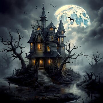Cartoon Halloween spooky house. Illustrations of a Spooky House for Halloween. Colorful illustration of an old creepy haunted house. Fairytale and fantasy design. AI Generated.