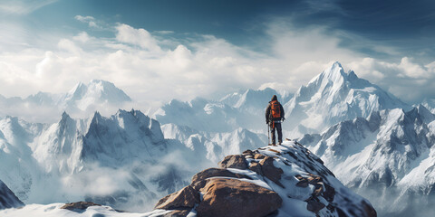 Hiker looking at tall snow covered mountain, A mountain landscape with a man standing on a snowy mountain top., A man stands in front of a mountain with a backpack and a backpack. GENERATIVE AI

 - Powered by Adobe