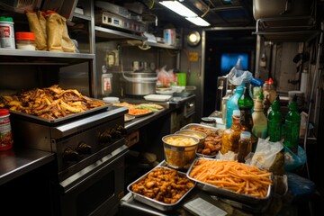 Food truck's interior kitchen, capturing the organized chaos of cooking in a confined space,...