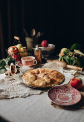 Autumn holiday apple pie in rustic style, homemade baked goods in dark colors