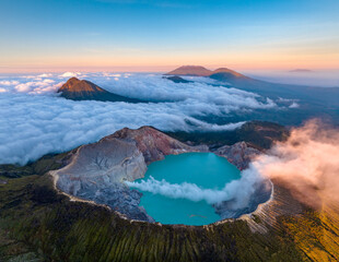 Aerial view of mount Kawah Ijen volcano crater at sunrise, East Java, Indonesia - 657473179