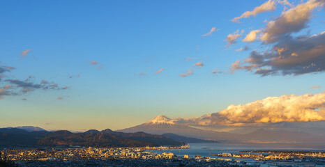 Mountain Fuji and Shimizu port in a background during sunset, Shizuoka city, Japan.