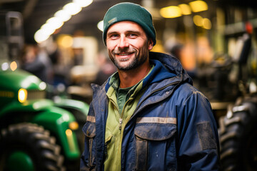 Authentic smiling farmer surrounded by his farming machinery in a garage. - obrazy, fototapety, plakaty