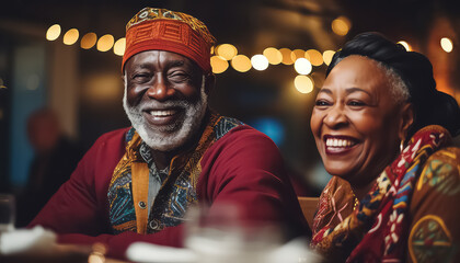 Black african couple sitting at festive table, christmas and new year concept
