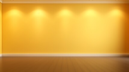 Fototapeta premium Yellow background for presentation. A light orange wall in the interior with beautiful built-in lighting and a smooth floor with copy space, banner concept