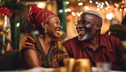 Black african couple sitting at festive table, christmas and new year concept - obrazy, fototapety, plakaty