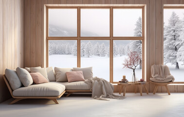 Luxurious villa living room with a snowy scene in the background