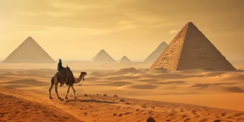 Foto op Plexiglas full length,Nomad on camel near pyramids in egyptian desert © JKLoma