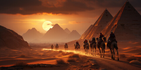 full length,Nomad on camel near pyramids in egyptian desert - obrazy, fototapety, plakaty