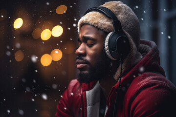 Young African American man in headphones looking down listening to sad, melancholic music in winter time outdoors - obrazy, fototapety, plakaty