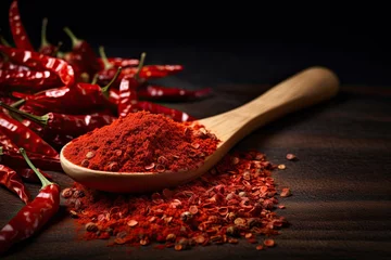 Fotobehang Hete pepers hot chili powder in a wooden spoon with red chilis in the background