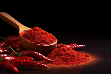 Fotobehang hot chili powder in a wooden spoon with red chilis in the background © Rangga Bimantara