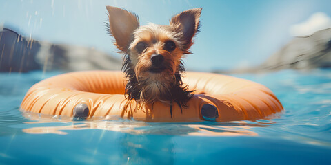 dog in the pool,  cute puppies (american hairless terrier) floating in a pool, jack russell dog swimming in a swimming pooL, GENERATIVE AI - obrazy, fototapety, plakaty