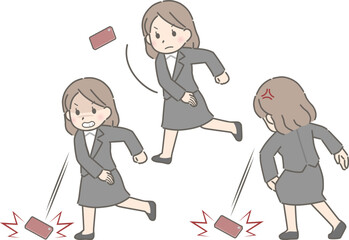スマホを投げつける若い女性（スーツ）