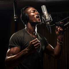 Black man singing and recording a song in a recording studio.