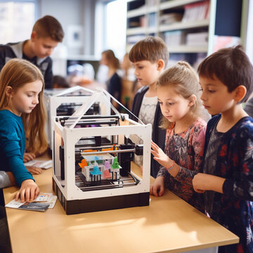 Children using a 3D printer in class.