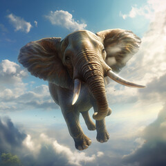 Elephant flying through the sky. - obrazy, fototapety, plakaty