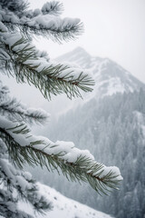 Close-up photo of a pine branch. Snow covered pine tree.