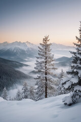 Beautiful sunrise in the winter mountains.
