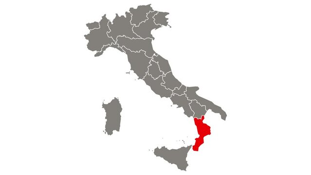 Calabria region blinking red highlighted in map of Italy