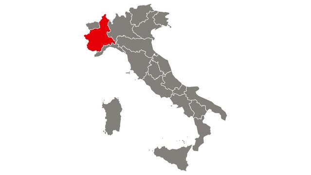 Piemonte region blinking red highlighted in map of Italy