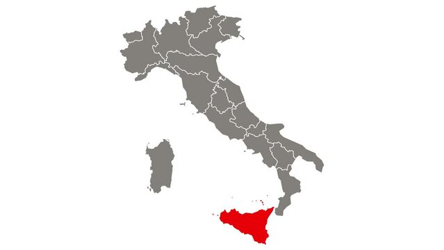 Sicily region blinking red highlighted in map of Italy