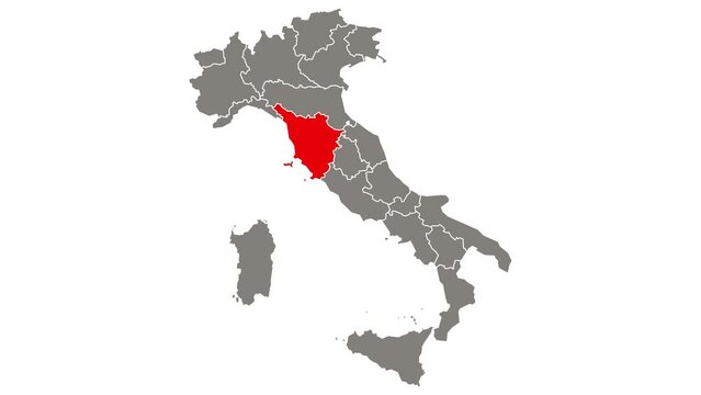 Tuscany region blinking red highlighted in map of Italy