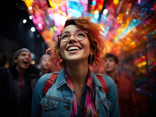 Multicolored background in neon - a collage of portraits of young emotional people. Concept of human emotions, facial expression, sales. Smiling, shocked, scared, laughing.
