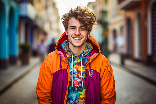 Jeune homme souriant dans la rue