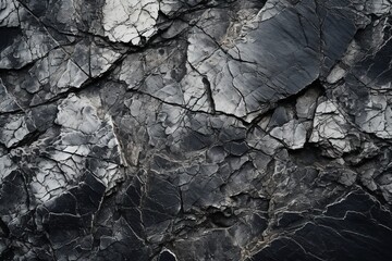 Close-up of Rough Cracked Mountain Surface: Black and White Rock Texture, Dark Gray Stone Granite...