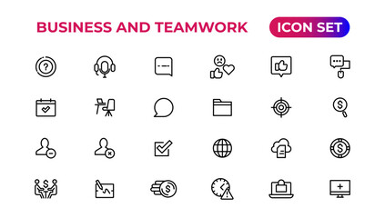 Business and Teamwork line icons set.Money, investment, teamwork, meeting, partnership, meeting, work success.Outline icon .