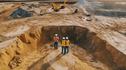 Team specialists operator inspecting open pit mine sand quarry.
