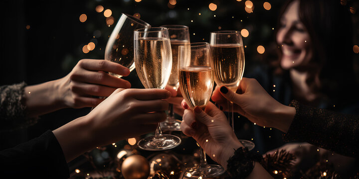 Many hands holding glasses with champagne. Christmas tree with bokeh on background